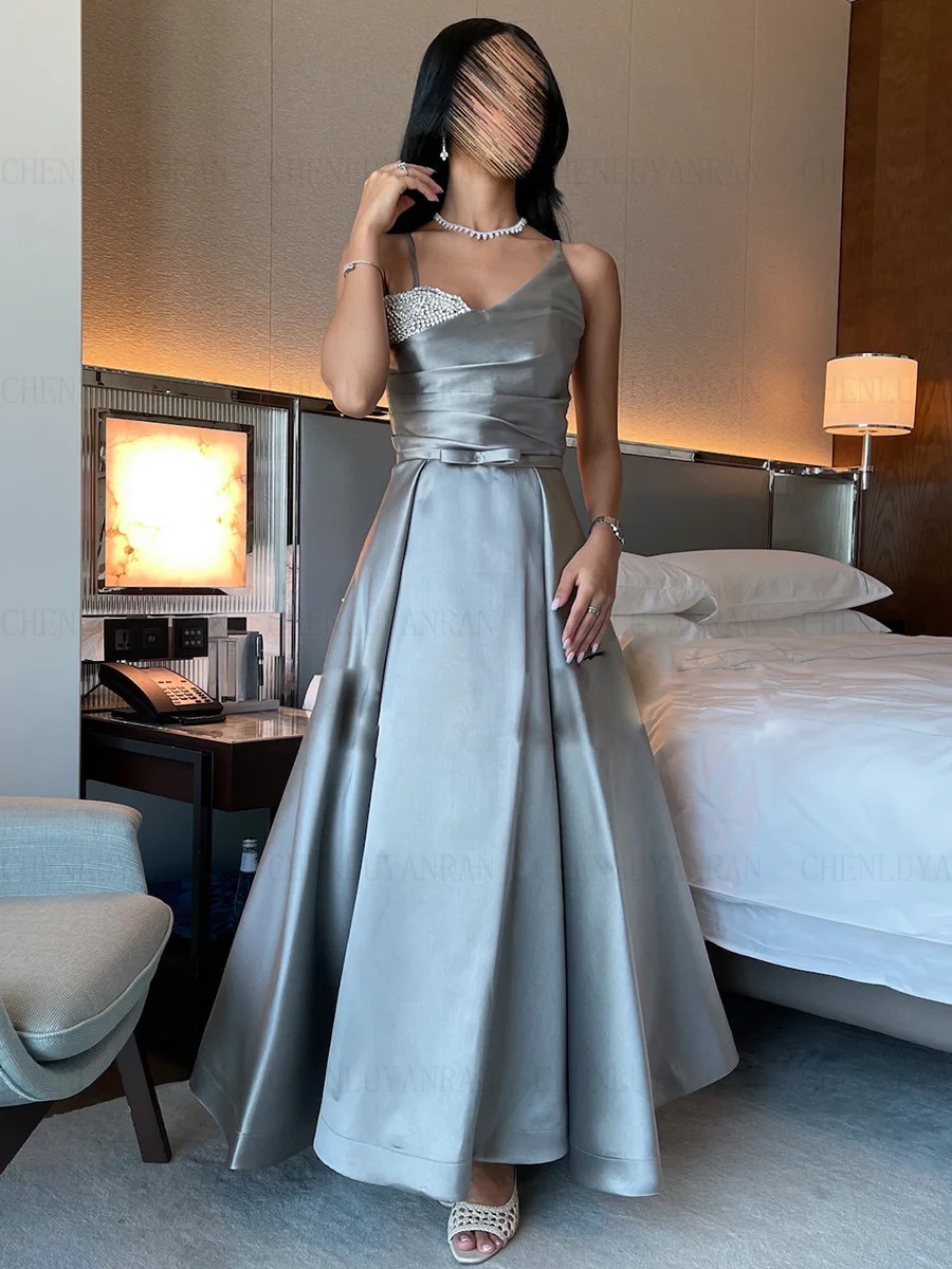 

Satin A-Line Formal Occasion Dresses 2023 Pleat Crystal Elegant Ball Gowns Sleeveless Long Evening Party Gown فساتين الحفلات