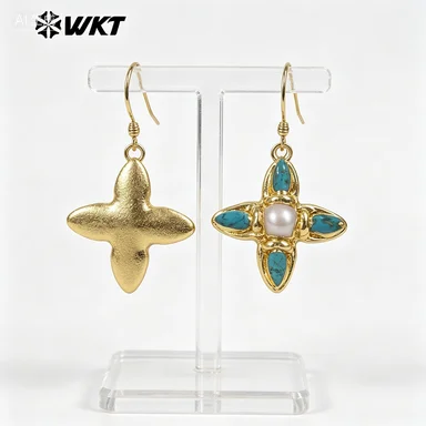 

WT-E803 Vintage Hot Cross Shape For Women Hook Earrings Plump Pearls&Turquoise With 18k Gold Plated Fine Jewelry