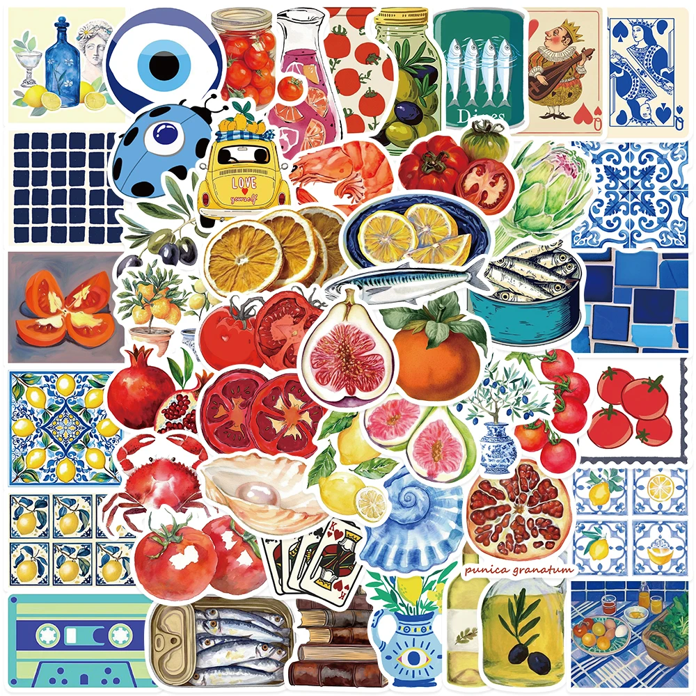 50 Stück Mittelmeer-Tomaten-Aufkleber, Mittelmeer-Küchen-Muster für Erwachsene, Teenager, Handyhülle, Skateboard-Dekoration