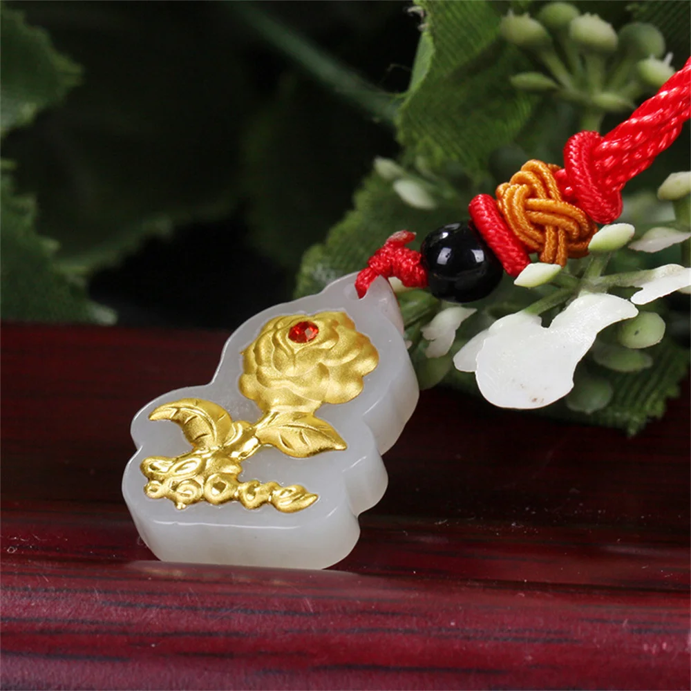 Natural White Hetian Jade Solid Gold Inlaid Charm Love Rose Flower Gem Lucky Pendant Amulet Rope Necklace Girl's Party Jewelry