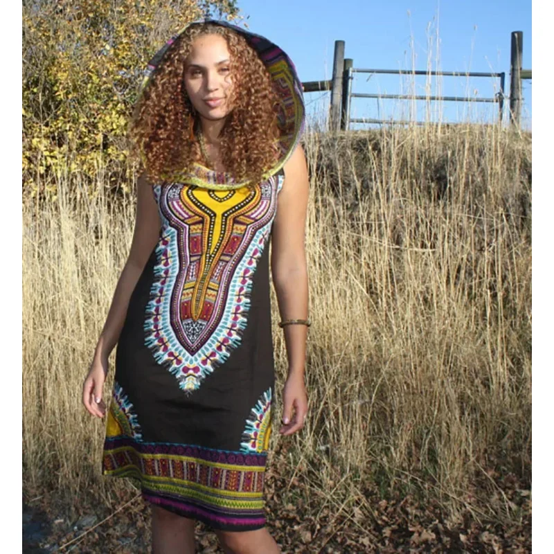 African Dashiki Print Dress Boho Gypsy Knee Length Hood Tunic Gown Women Festival Tribal Sleeveless Sun Dress Robe For Girls OI7