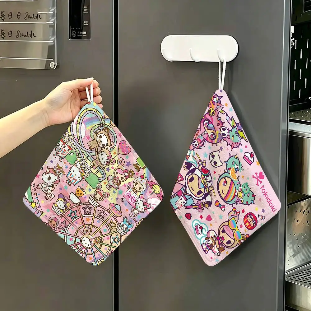 Cartoon T-Tokidoki Polyester Cotton Hand Wiping Towel, Anti-shrink Hanging Kitchen Cloth for Household Cleaning