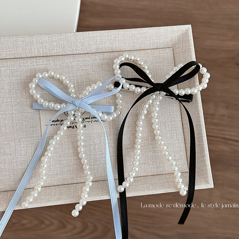 Fairy Bi Spare Ribbon Bowknot Pearl Barrettes Female Back Head 2024 New Arrival Girlish Style Side Clip Duckbill Clip