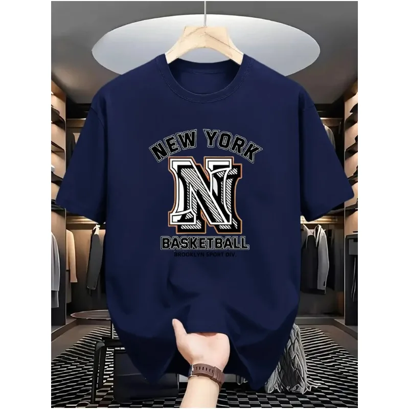 New York Themed Varsity Letter Graphic Print 100% Cotton Mens T Shirt for Summer Streetwear Has A Sporty Retro Aesthetic