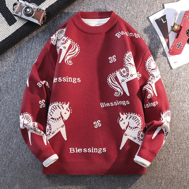 

Новый мужской вязаный свитер 2025 года: зимняя одежда для пар, красный трикотаж для подростков, повседневный теплый свитер с длинным рукавом и круглым вырезом