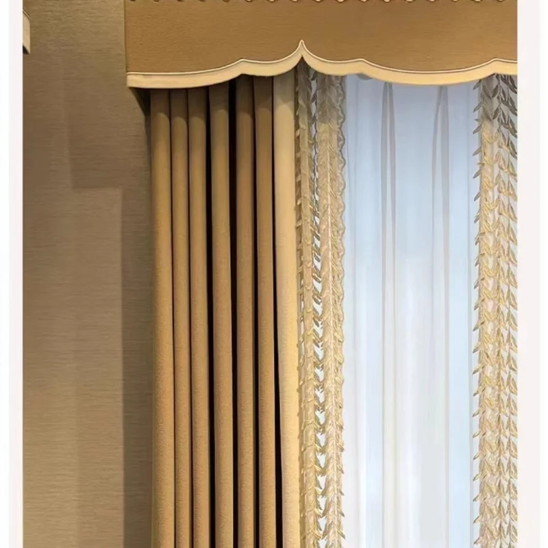 Custom. New French Style 2023 Embroidered Lace Gray Milk Tea Color Light Luxury High-end Simple Translucent Living Room Dou