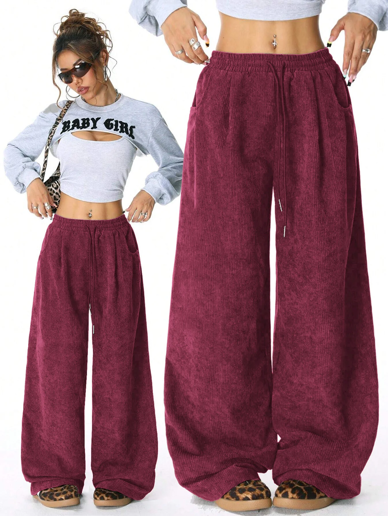 Damen Retro Cord Cargo-Hose Lässige Kordelzug Gerade Sporthose Fließende Alltags-Pendlerhose mit Weitem Bein – Detail 9