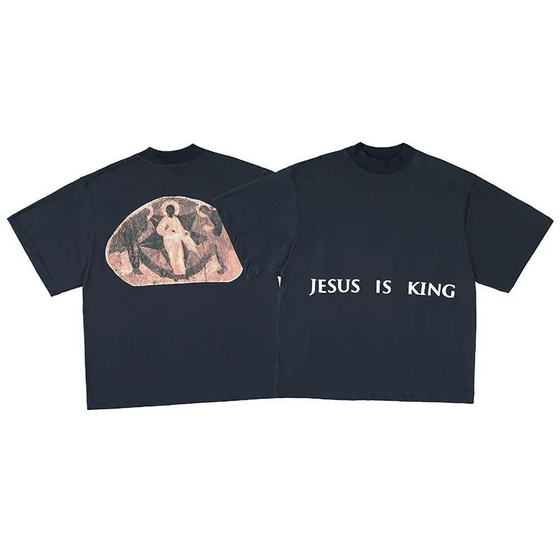 Kanye West Jesus Is King Vintage Oil Painting Bubble Letter Short Sleeve T-Shirt Unisex Casual Loose Fit Long Staple Cotton