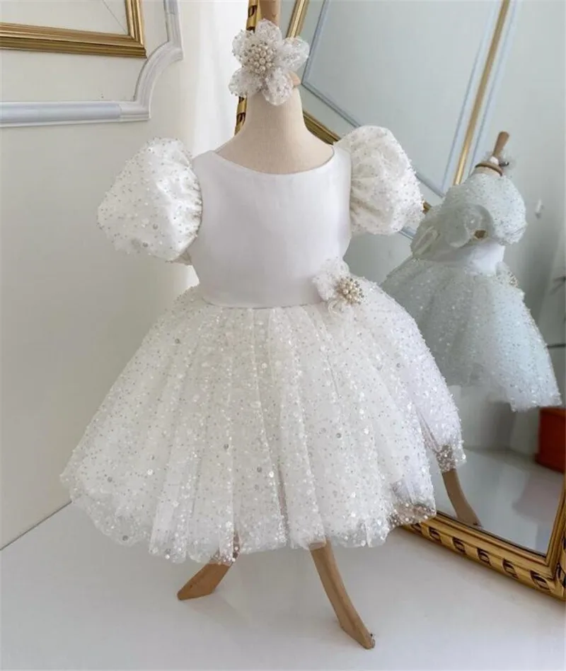 

Luxurious Flower Girl Dress Short Sleeves Toddler Tutu Tiered Puff Cute Baby Little Girls First Communion Gown Party Dresses