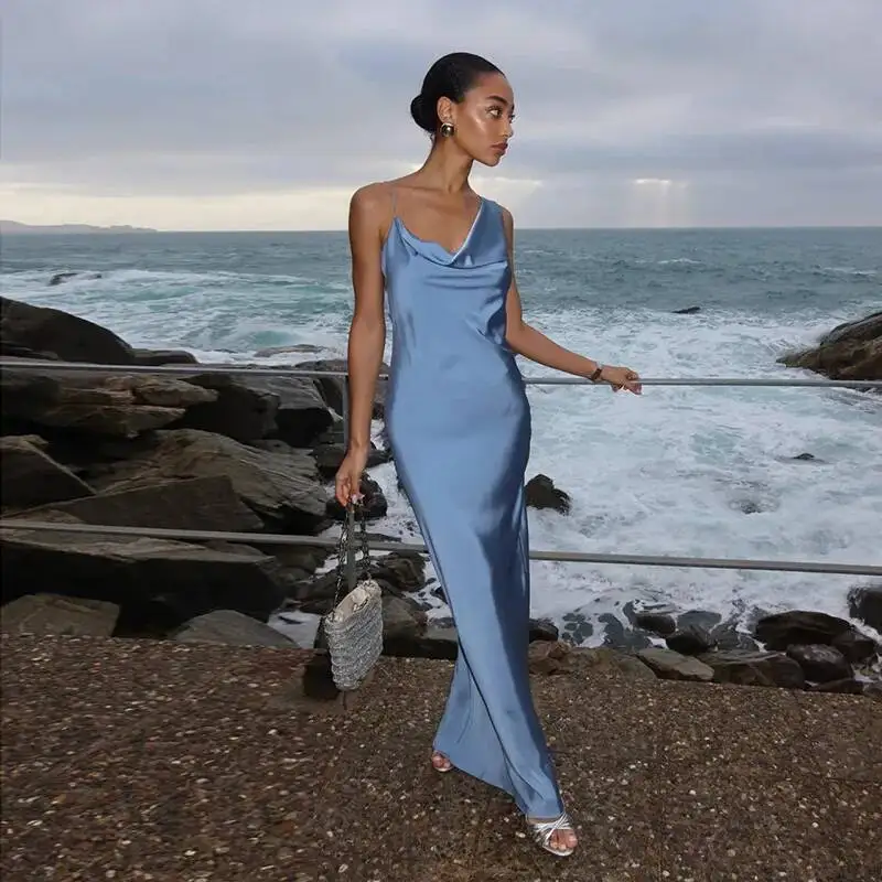 حزام 25237 السباغيتي مثير عارية الذراعين الساتان ثوب فستان طويل Ins نمط فستان سهرة أنيق 2025 فستان صيفي رداء Vestido النساء