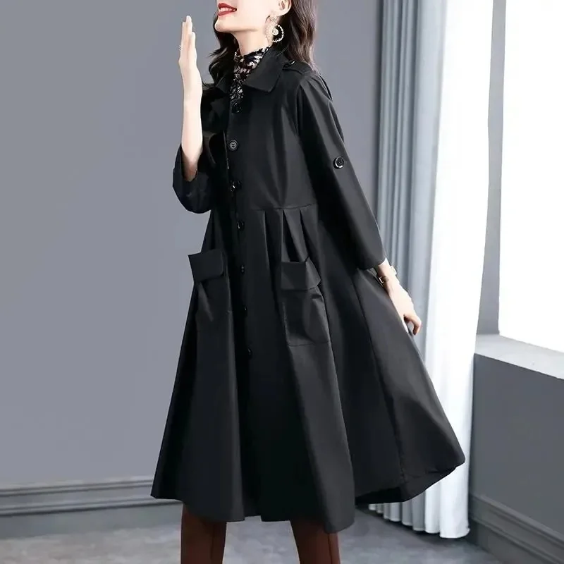 3XL Female Windbreaker Coat Women\'s Spring 2023 New High End Loose Style Slim Autumn Mid length Coat Women Pocket Pleating Coat