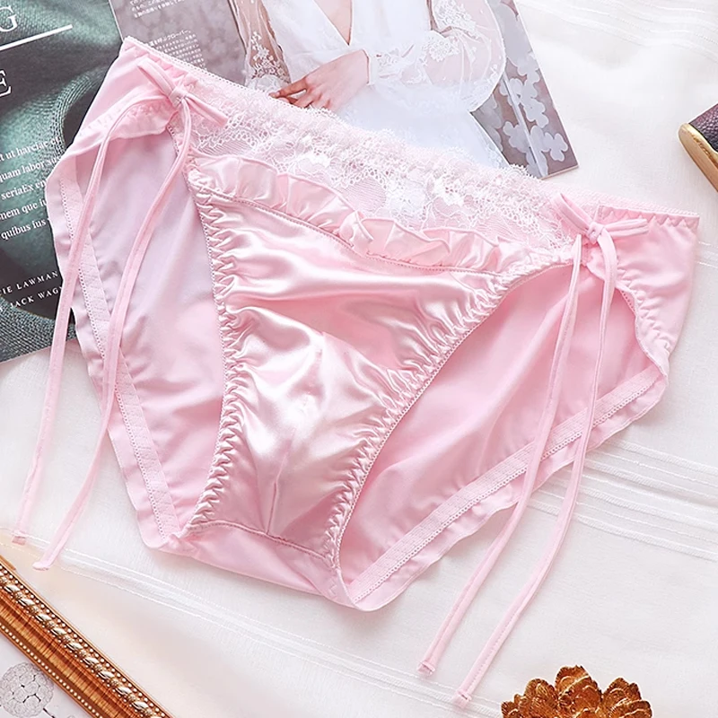 남성용 핑크 브리프 실크 레이스 주름 부드러운 시시 스위트 브리프 순색 크로스드레싱 보우 팬티 커플 BF 이너웨어 팬티