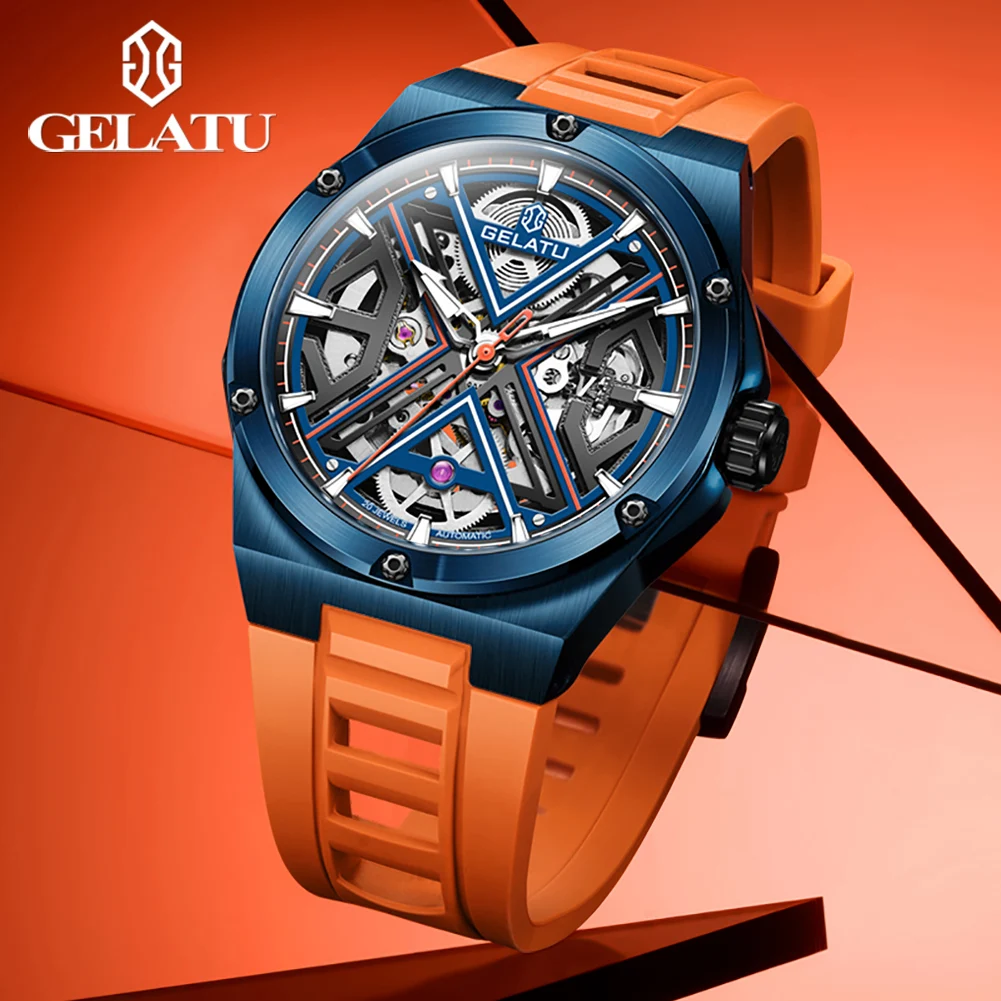 GELATU Mens Watch ﻿Luxury Skeleton Fully Mechanical Watch 50M Waterproof Luminous Silicone Strap Watches Gift Clearance Sale