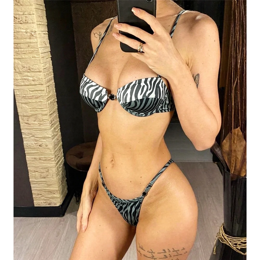 2026 Bedruckter Bikini mit Bügel für Damen, zweiteiliger Badeanzug, hoher Beinausschnitt, Badebekleidung, Badeanzug, Schwimmbikini V8460 – Detail 4