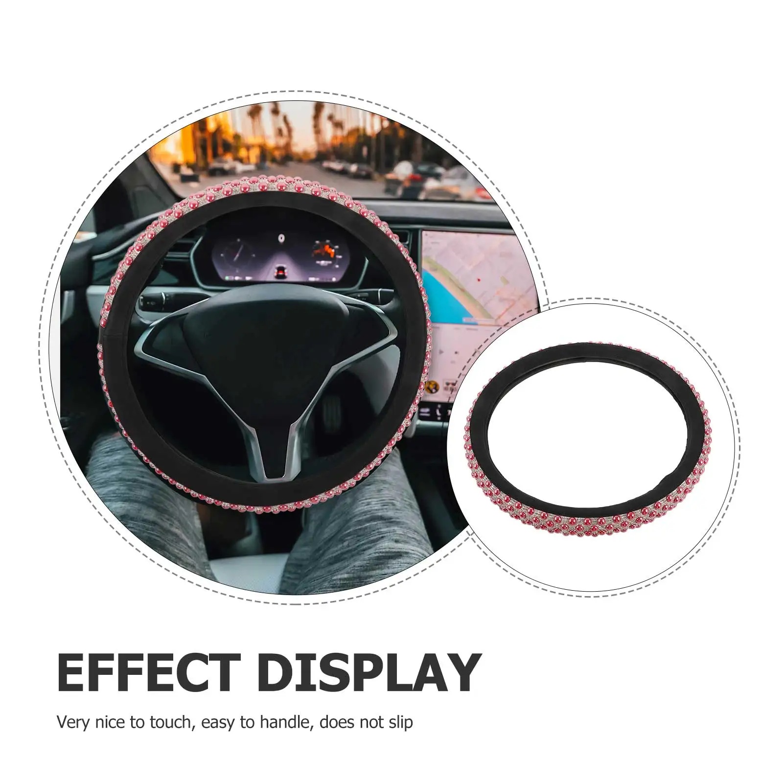 

Pearl Steering Wheel Cover Red PU Bling Anti Slip Cute Car Accessories Women Decorative Summer Personalized