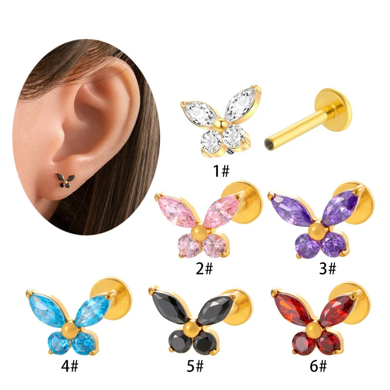 

1PC G23 Titanium Piercing Ear Studs Zircon Butterfly Lip Rook Stud Helix Conch Tragus Cartilage Lobe Labret Piercing Jewelry