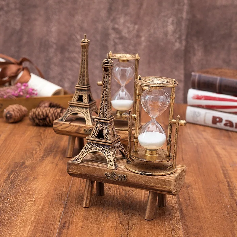 Retro torre Eiffel clessidra casa kawaii decorazione della stanza ornamento sul desktop semplice casa moderna pendolo in legno timer sabbia