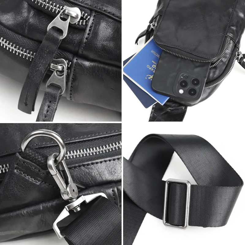 

Genuine Leather Men's Chest Bag Cowhide Crossbody Shoulder Bag Sport Mobile Phone Organizer Bag Chest Pack For Male