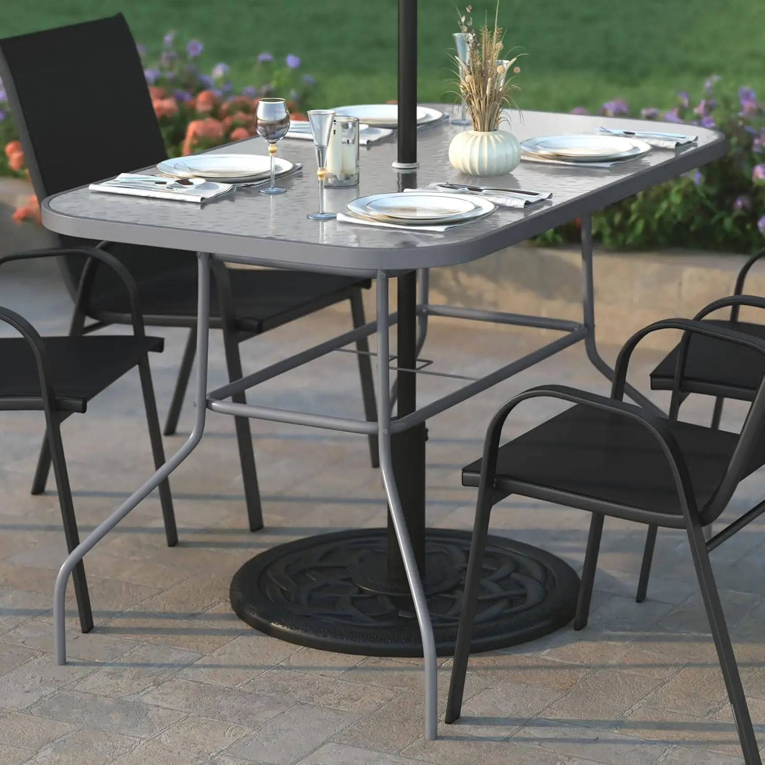 

Silver Metal Frame Patio Dining Table Umbrella Hole Indoor Outdoor Use 31.5"x55" Square Tempered Glass Top, Custom