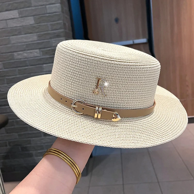 New Stylish Metal R Letter Buckle Straw Hat Leisure Summer Sunscreen Hat Women\'S Elegant Beach Hat Vintage Hat Church Hats