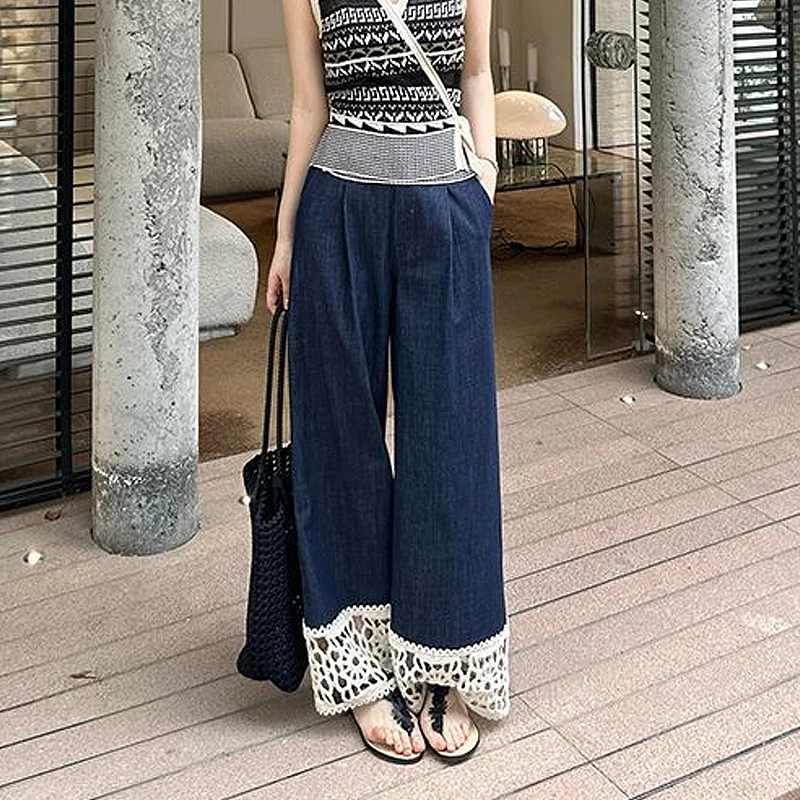 Dames zomer losse rechte broek met hoge taille en holle kanten stiksels ontwerp