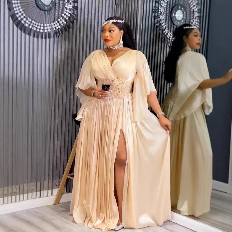 

Africa Clothing Shiny Satin Pleated Dress V Neck Irregular Sleeves 3D Flower Waist Front Slit Weddings Guest Party Evening Gowns