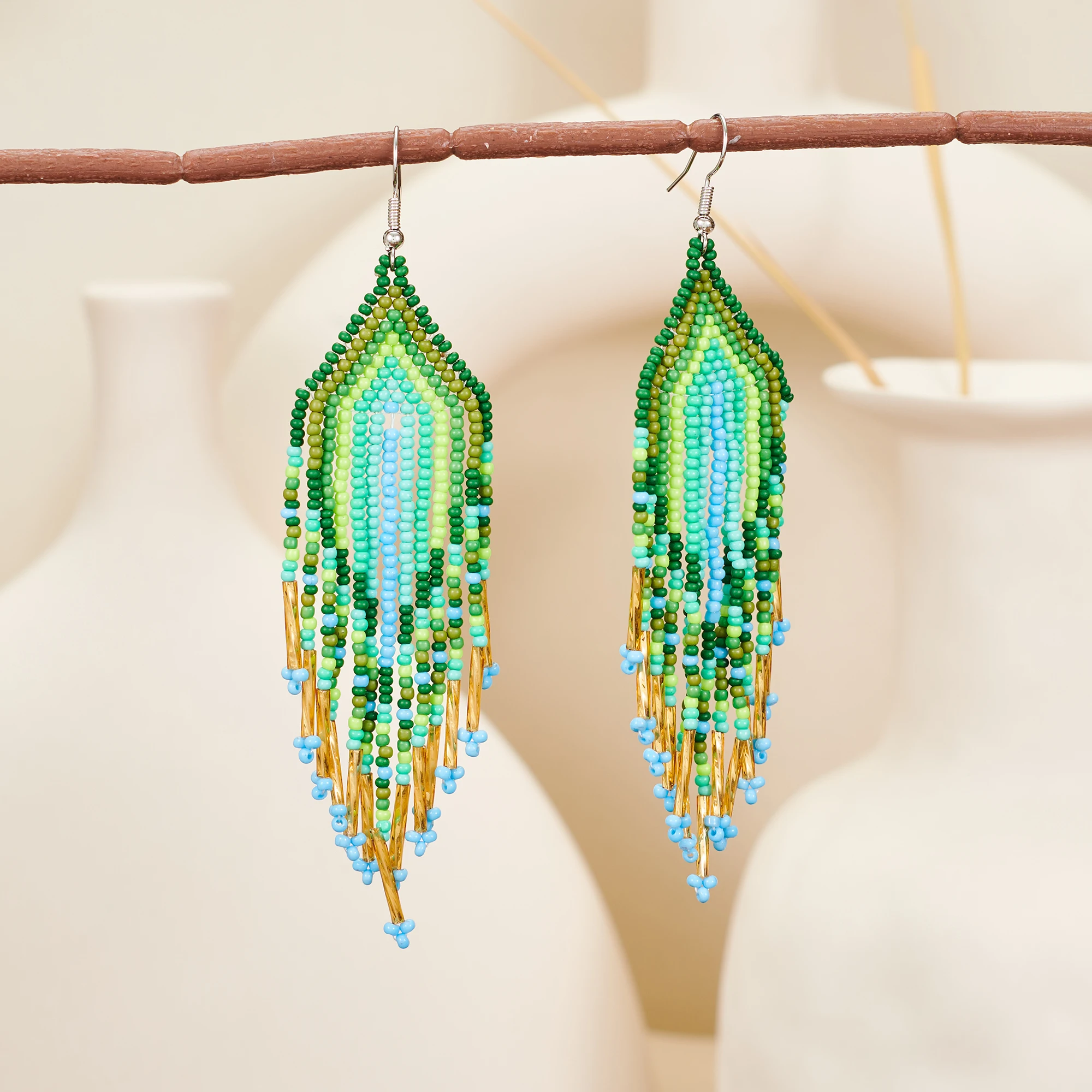 Bohemian style, hand-beaded tassel earrings