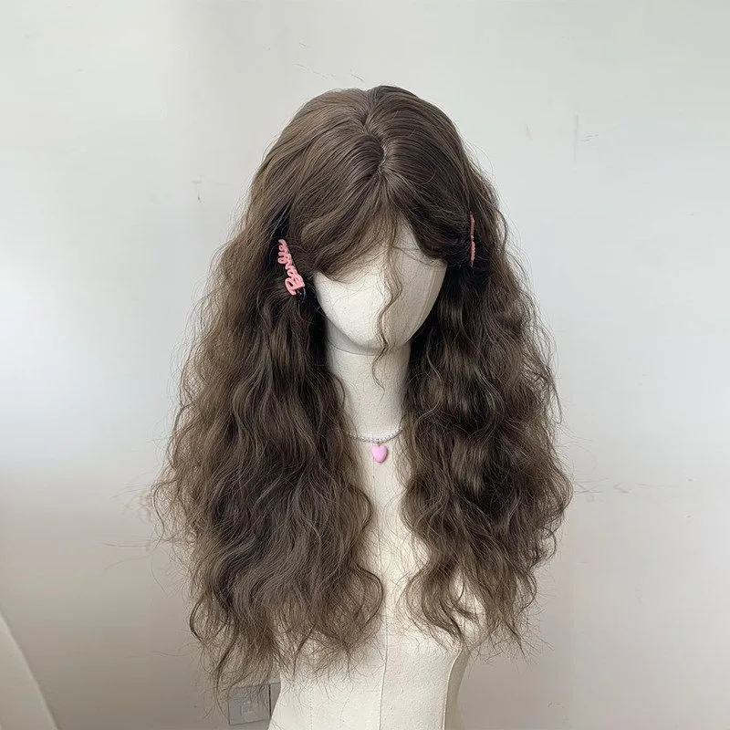 Women Long Big Curly Synthetic Full Wig Cool Brown with Bangs Rose Mesh Cap Realistic Synthetic Hair for Daily & Party Wear