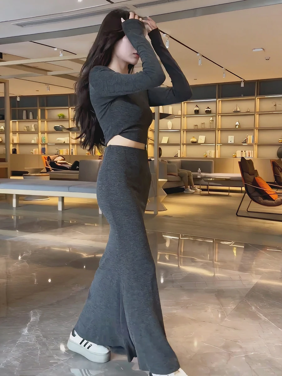 مثير الحلو والتوابل فتاة الخريف Faion مجموعة عالية الخصر Bodycon تنورة ملابس داخلية المرأة فرقة طويلة Sve جولة Ne