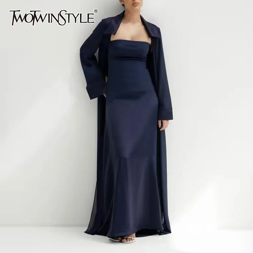 

TWOTWINSTYLE Temperament Two Piece Set for Women Lapel Long Sleeves Coat Strapless Sleeveless Dress Minimalist Sets Female New