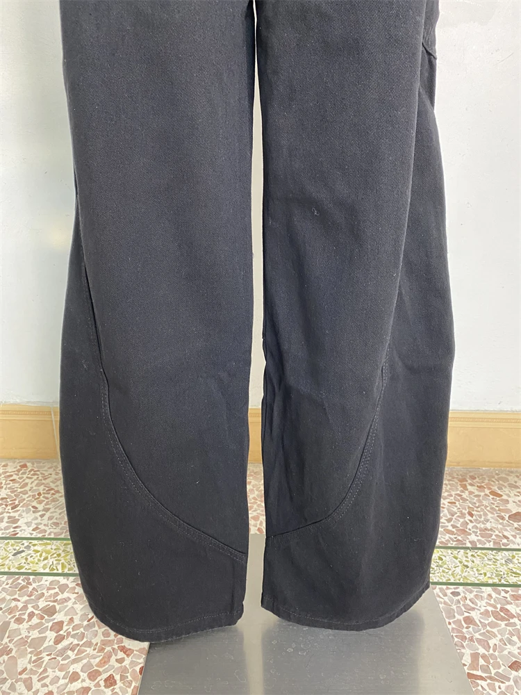 Damskie luźne spodnie jeansowe z szerokimi nogawkami, dużymi kieszeniami, czarne, w stylu cool girl, z wysokim stanem, streetwearowe, modne, damskie, codzienne jeansy.