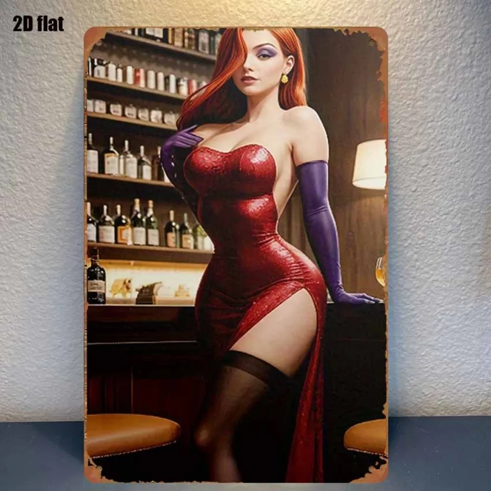 Vintage Blechschild Rotes Kleid Dame Barszene Metall-Wandkunst für Schlafzimmer Bar Garage Außendekoration