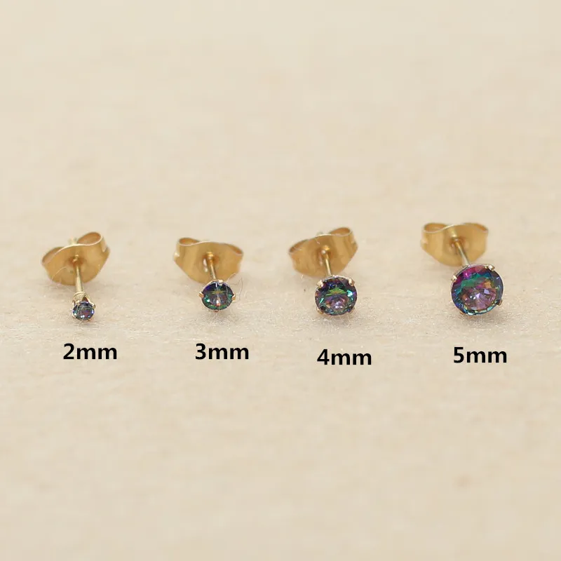 Size From 2mm To 5mm 316 L Stainless Steel With Round Colorful Zircons Women Men Stud Earrings For Men And Women