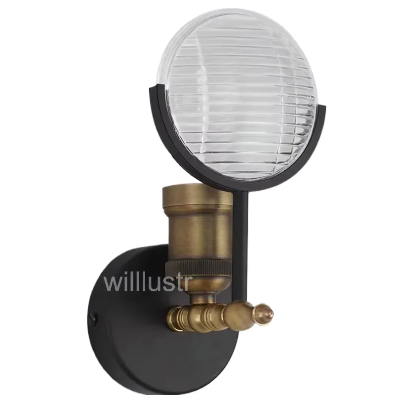

Modern Dasmani Iron Brass Sconce Vintage Gaslight Lens Wall Light Retro Metal Fixture Stripe Convex Glass Lamp Cafe Bar Lounge
