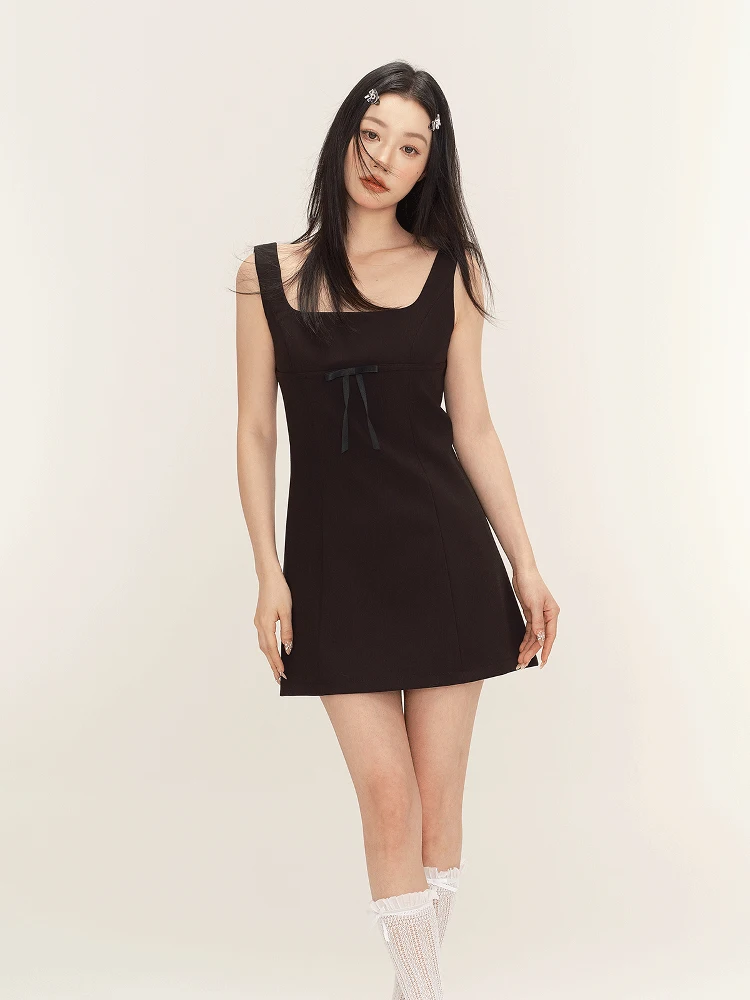 

GOMUR Pure Color Knot Vest Strap Dr School Sle Sexy A-Line Skirt Summer Women's High Waist No Sve ort Dr