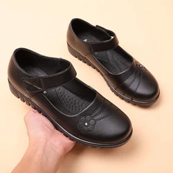 New black flat spring shoes comfortable elderly woman mary jane flats lady 1980s retro student uniform office shoes big size 42