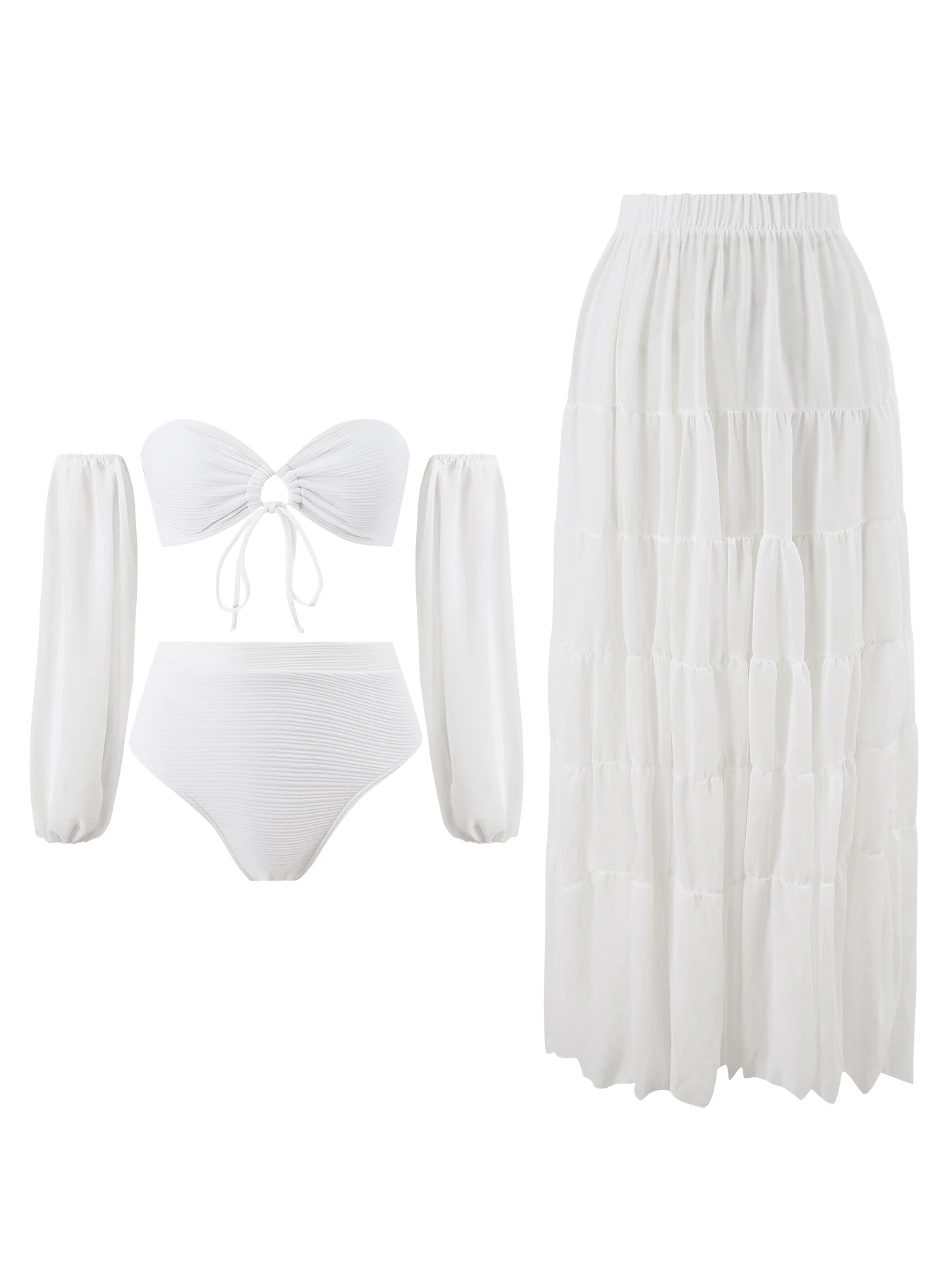Solid 3pcs Sexy Swimsuit With Skirt Women Bikini Set Swimwear Long Sleeve Swim Suit Female Bandeau Biquini Bathingsuit Beachwear
