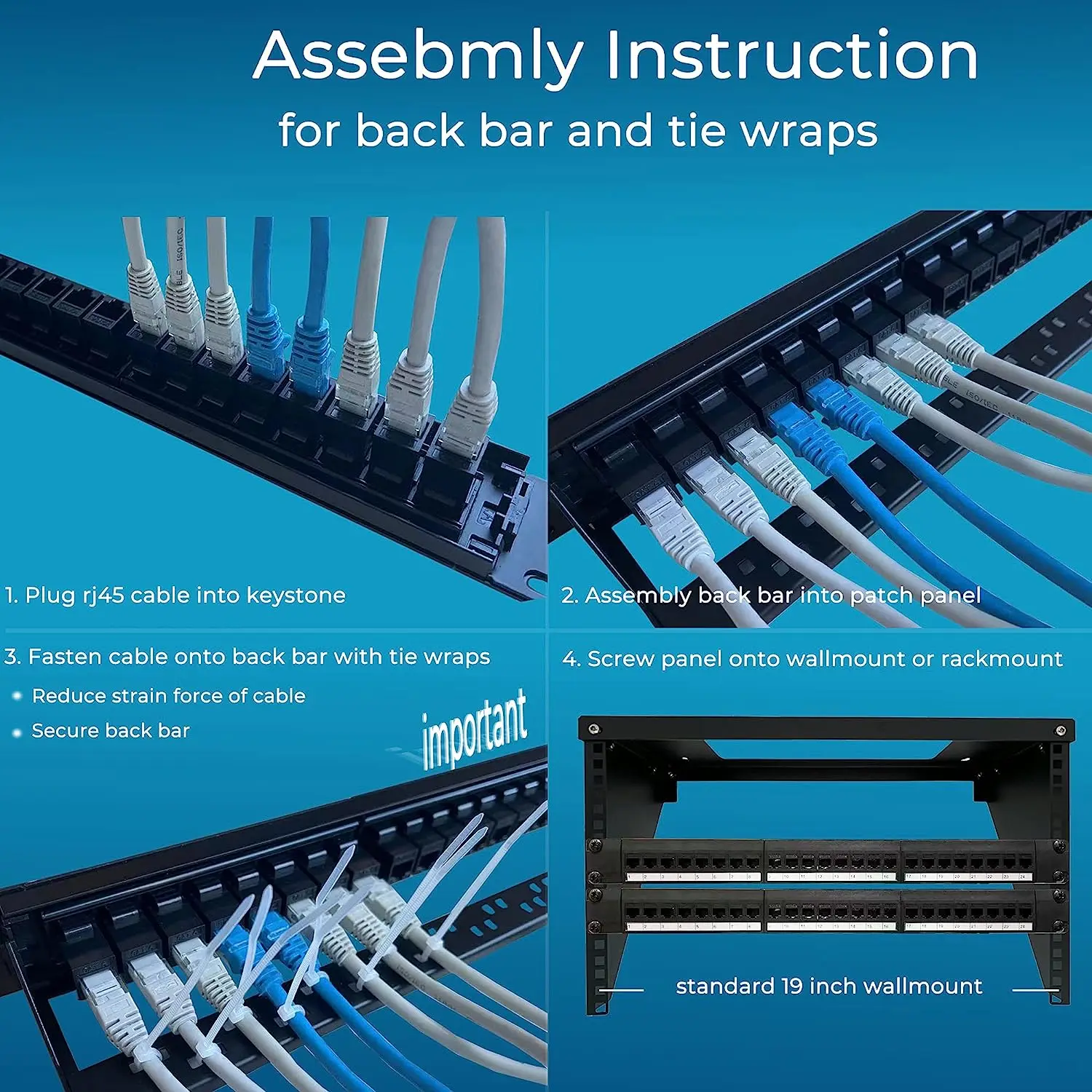 ZoeRax-Panneau de brassage couremplaçant avec barre perfecback, Keystone en ligne, 24 ports, Cat6, Cat6a, Cat7, 10G, RJ45, 19 pouces