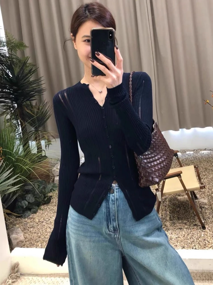 여성용 가을 신상 슬림핏 브이넥 가디건 베이스 탑 긴 소매 홀로우드 아웃 싱글 브레스티드 니트 스웨터