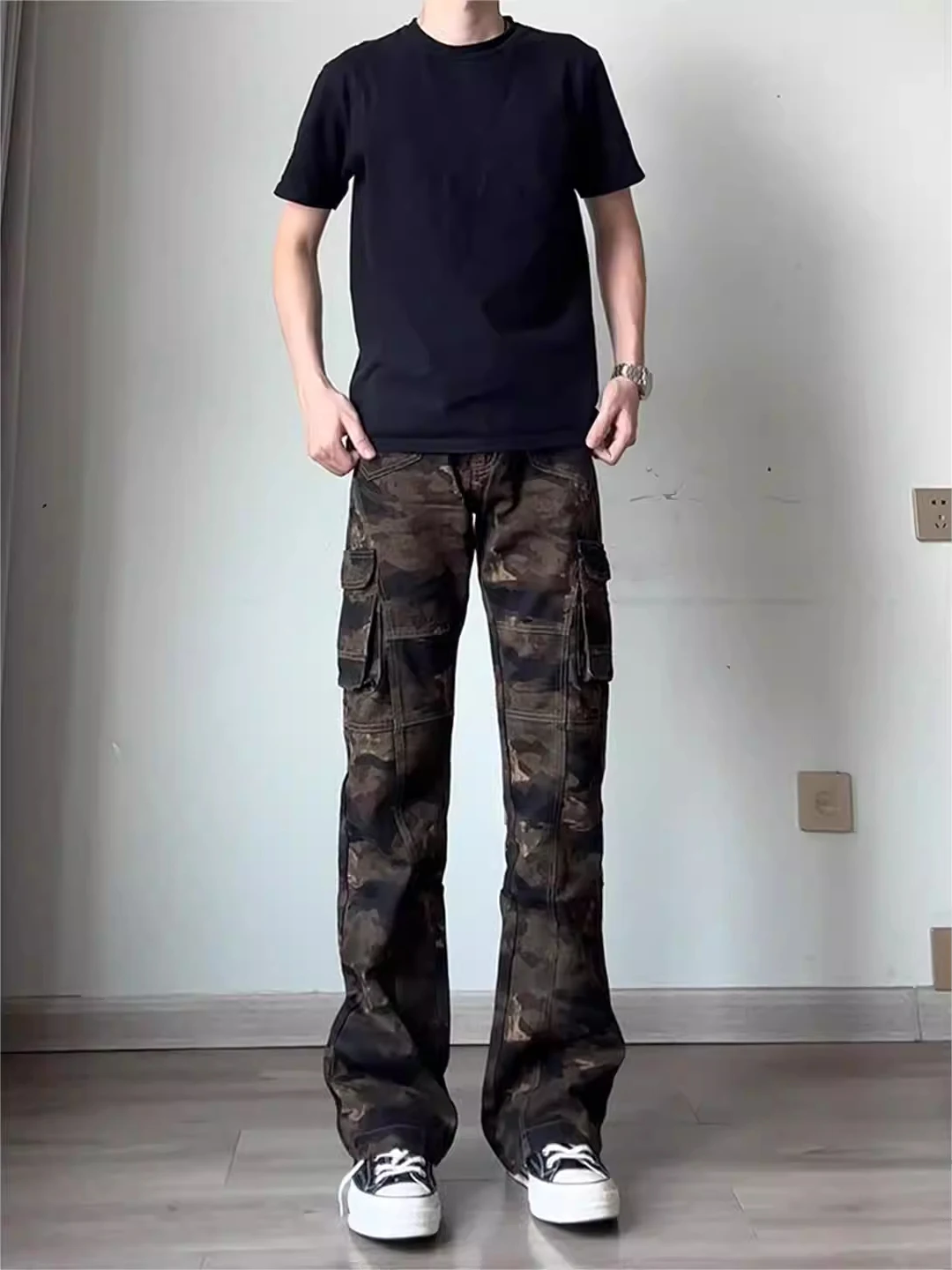 

Мужские джинсы Slim Fit с камуфляжным принтом, многокарманные рабочие брюки в американском ретро-стиле, прямые брюки CleanFit