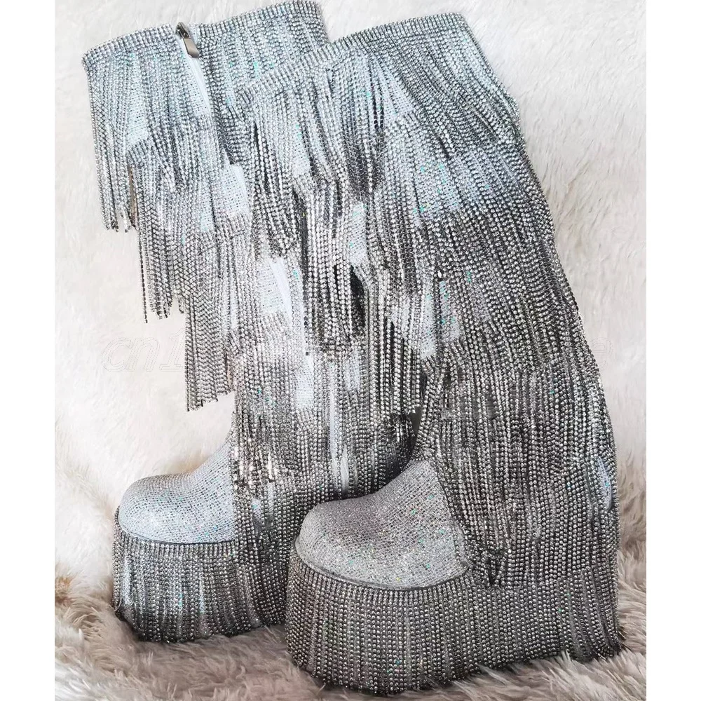 Zilver Stralende Kwasten Decor Laarzen Ronde Neus Knie Hoge Schoenen voor Vrouwen Muffin Bottm Mode Schoenen 2025, Zapatos Para Mujere