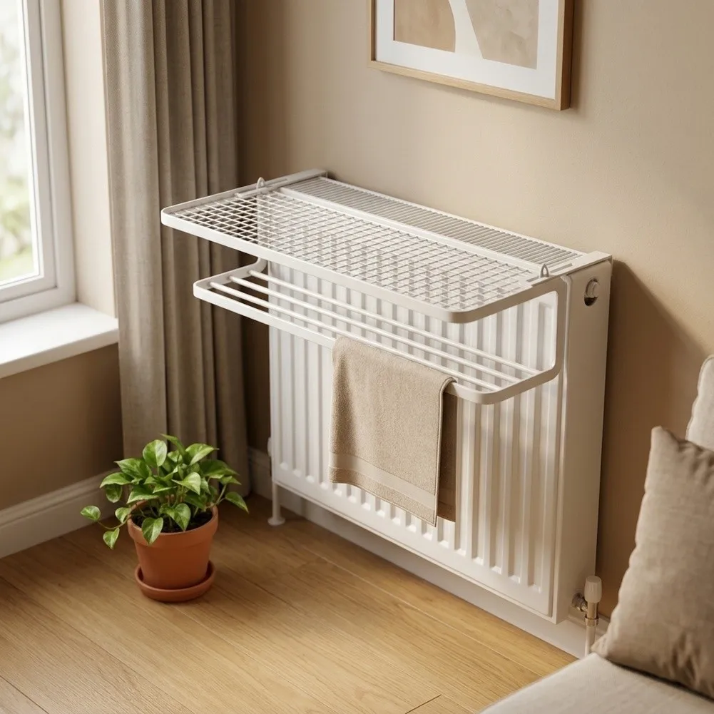 Radiator Mounted Double Layer Iron Rack for Drying and Organizing For Clothes 35cm 45cm Compact Space Efficient Design
