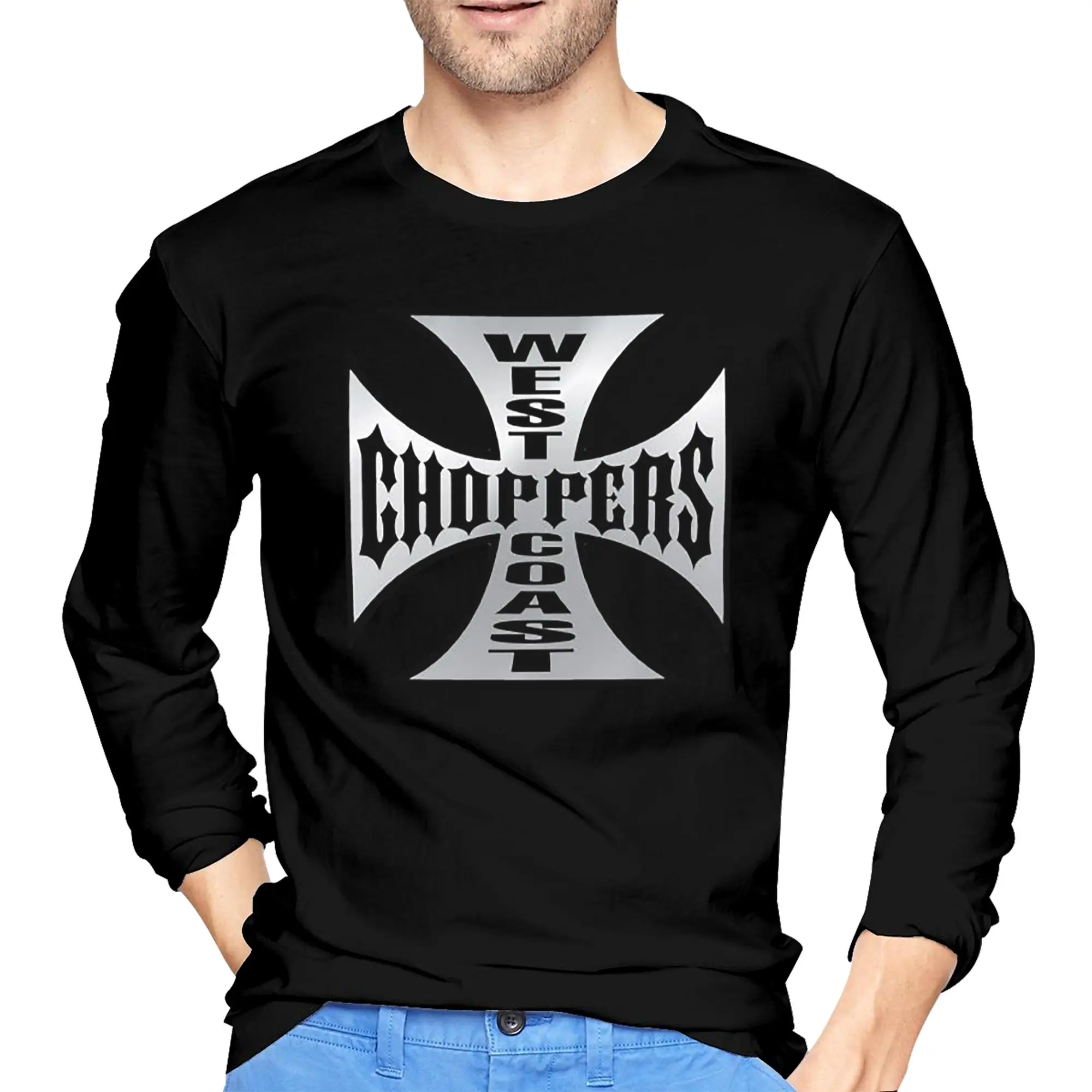 

Персонализированные мужские футболки с длинными рукавами West Coast Iron Cross Choppers, повседневные футболки с круглым вырезом, весенние и осенние мужские топы