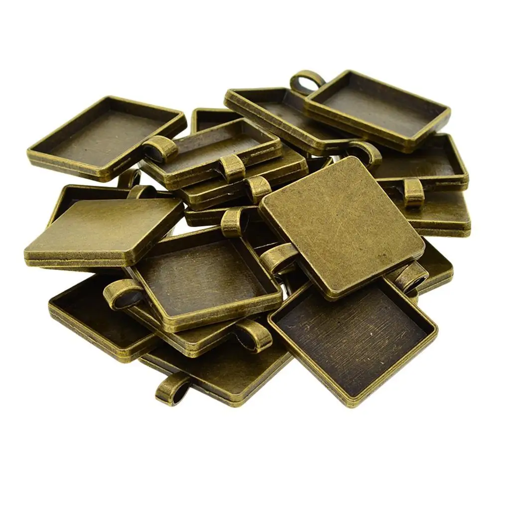

20pack Bezel Tray Square Pendant Cabochon Base Necklace Charm Connector