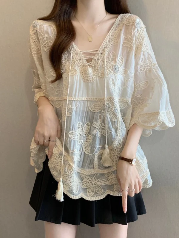 

Bohemian Style Women's Short Sleeve V-Neck Chiffon Top Summer New plus Size Casual Fashion Commute Style Loose Fit Lace Shirt