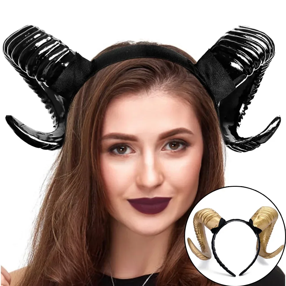

Women Gothic Devil Demon Horn Headwear Headpiece Cosplay Girls Animal Black Sheep Horns Headband Halloween Party Costume Props