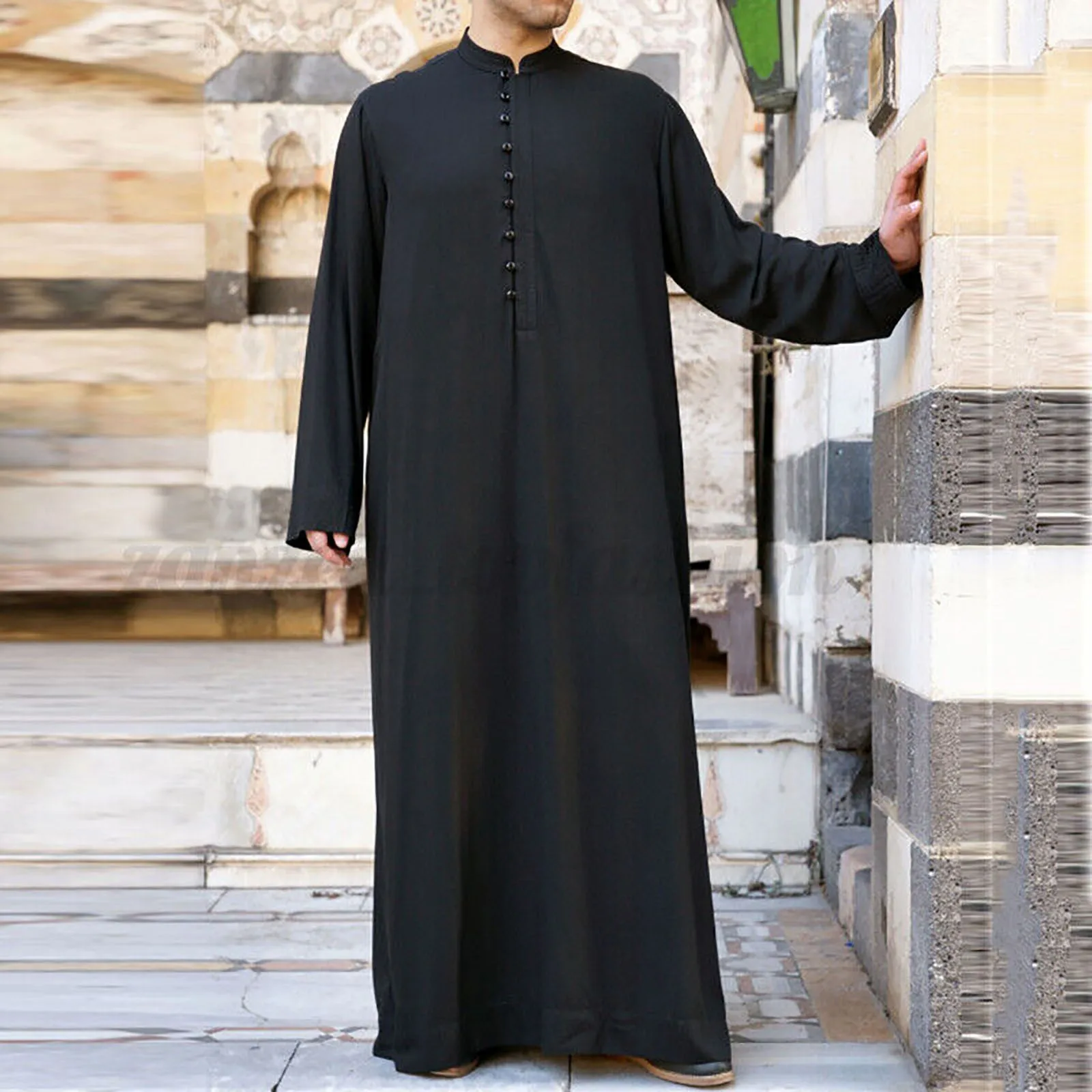 Túnica muçulmana de seios respiráveis masculina, juba thobe, manga comprida, botão sólido, kaftan da Arábia Saudita, abaya para muçulmano