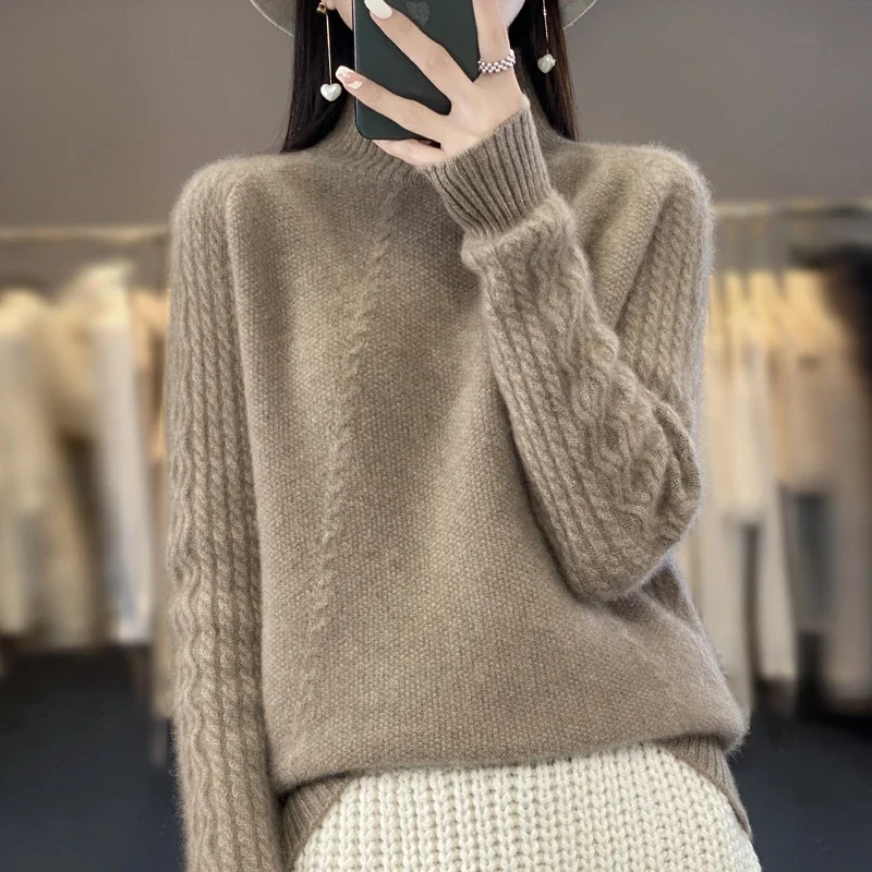 

100% Merino Wool Stylish Turtleneck Sweater Women Tops Solid Color Knit Clothe Autumn Winter Loose Casual Commute Pullover A226