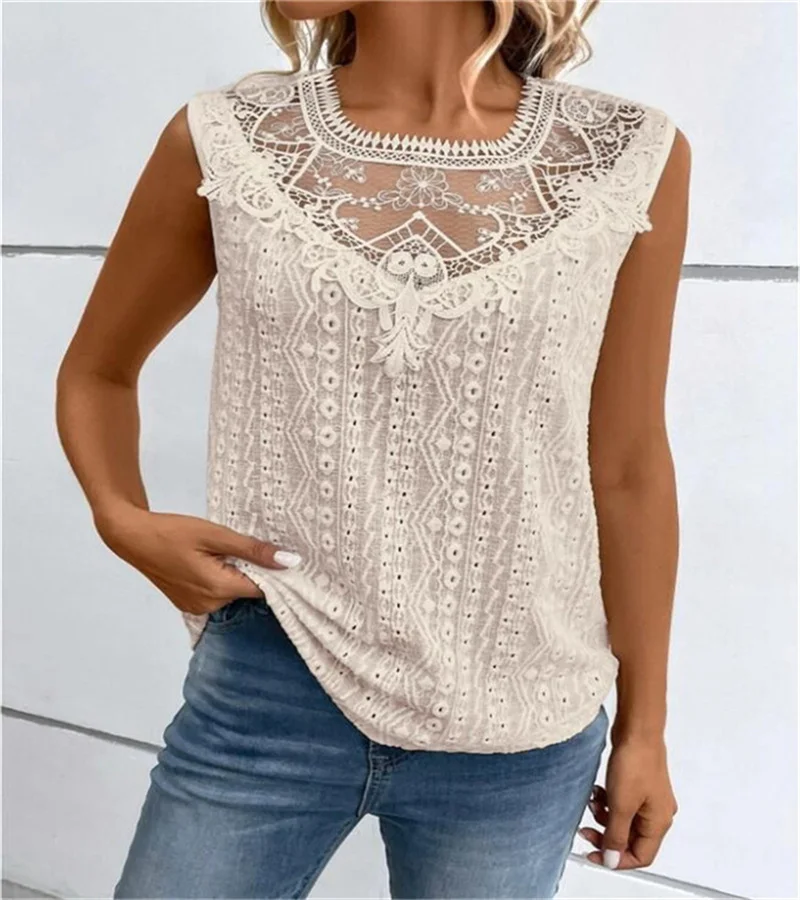 Cross-border hot spring new pure-color vest woman Europe and the United States sweet wind lace stitching sleeveless blouse woman