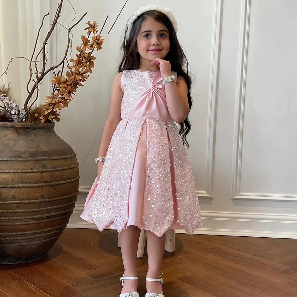 

Shinny Pink Flower Girl Dresses Sequin Dress For Girls Elegant Short Birthday Dress A-line Girl Princess Dress Cute Kids' Dress